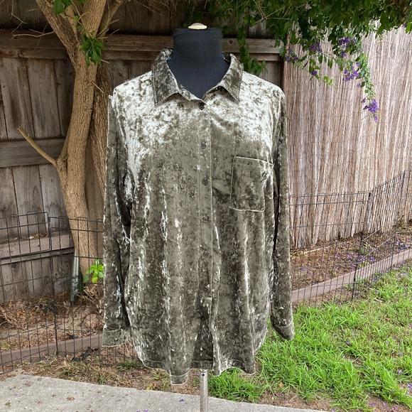 Sage Crushed Velvet Button Up - Picture 3 of 7